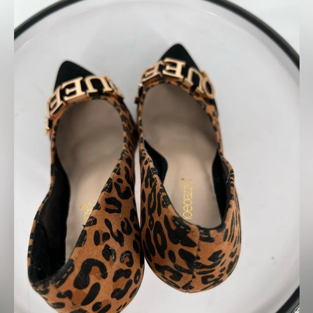 SHOE DAZZLE HEELS BLACK‎ CHEETAH QUEEN SLIP ON PUMPS, PADDED INSOLE, POINTED TOE